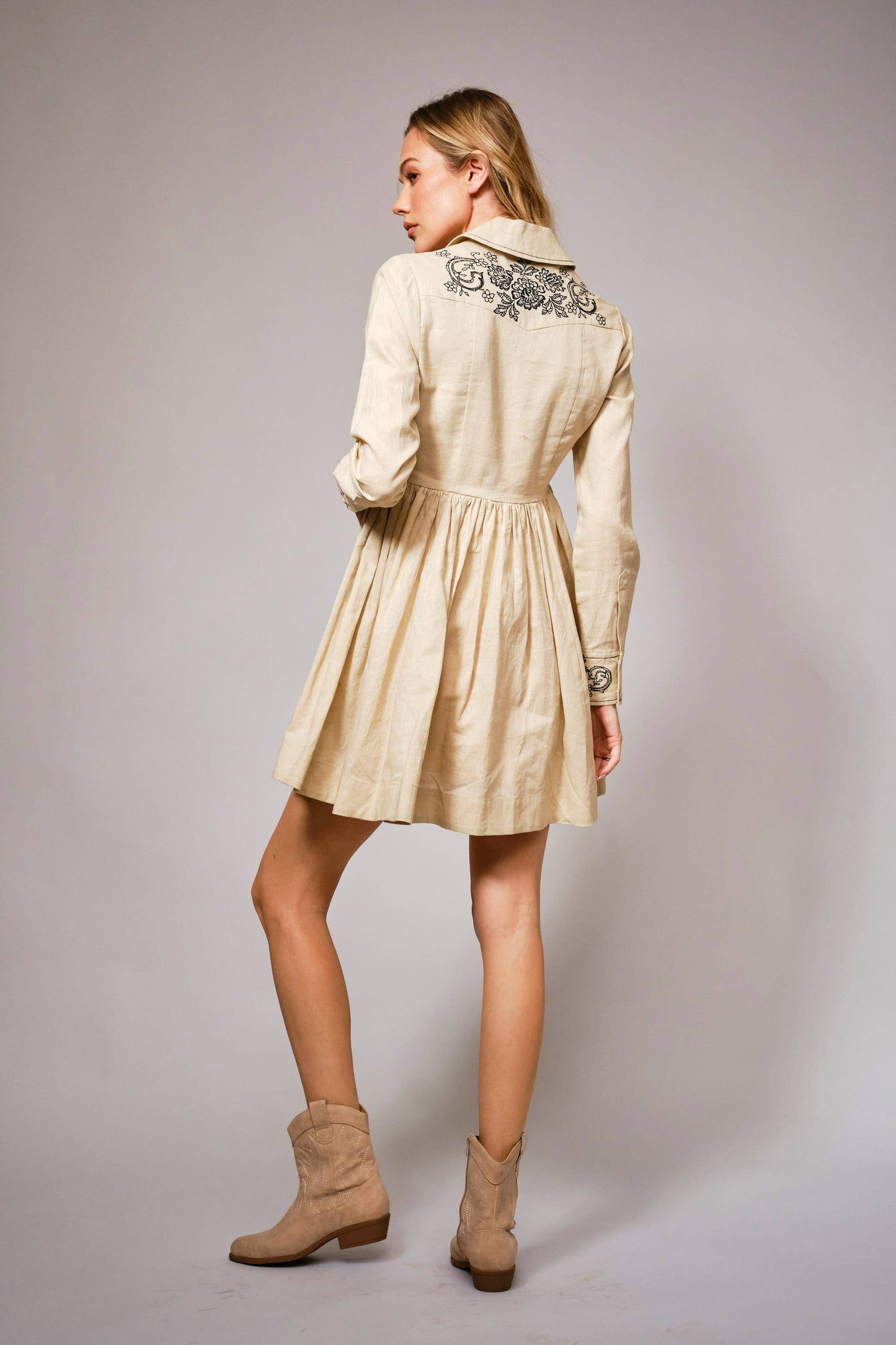 Linen Blend Embroidered Button Flare Dress: Taupe