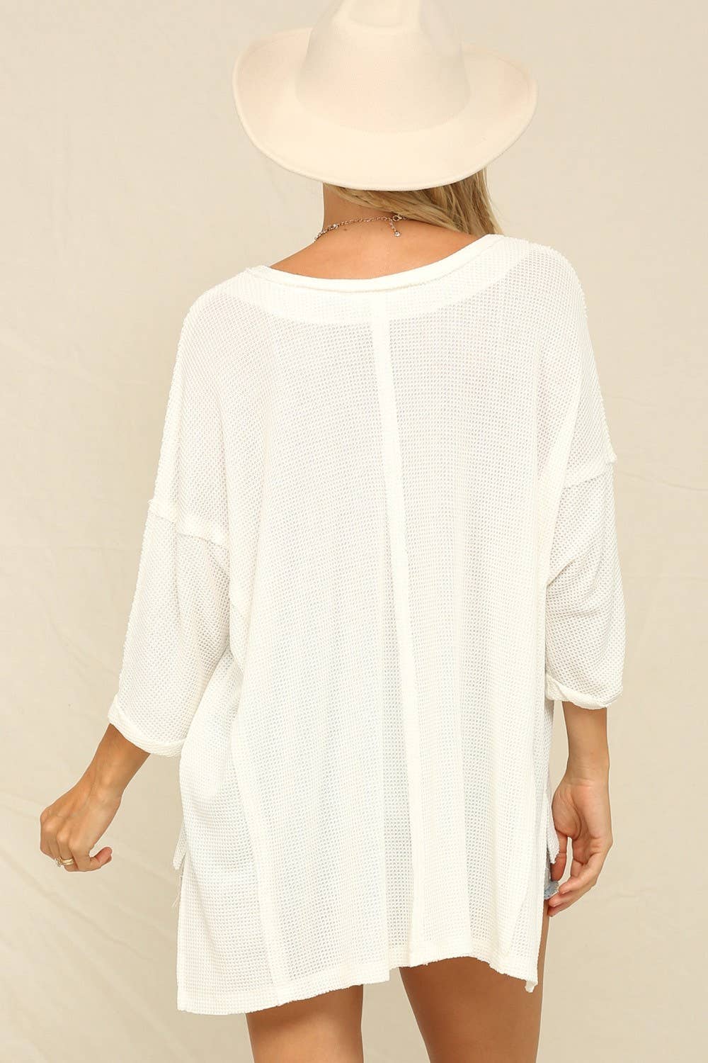 Thermal V-Neckline Exposed Seaming Top: Off White