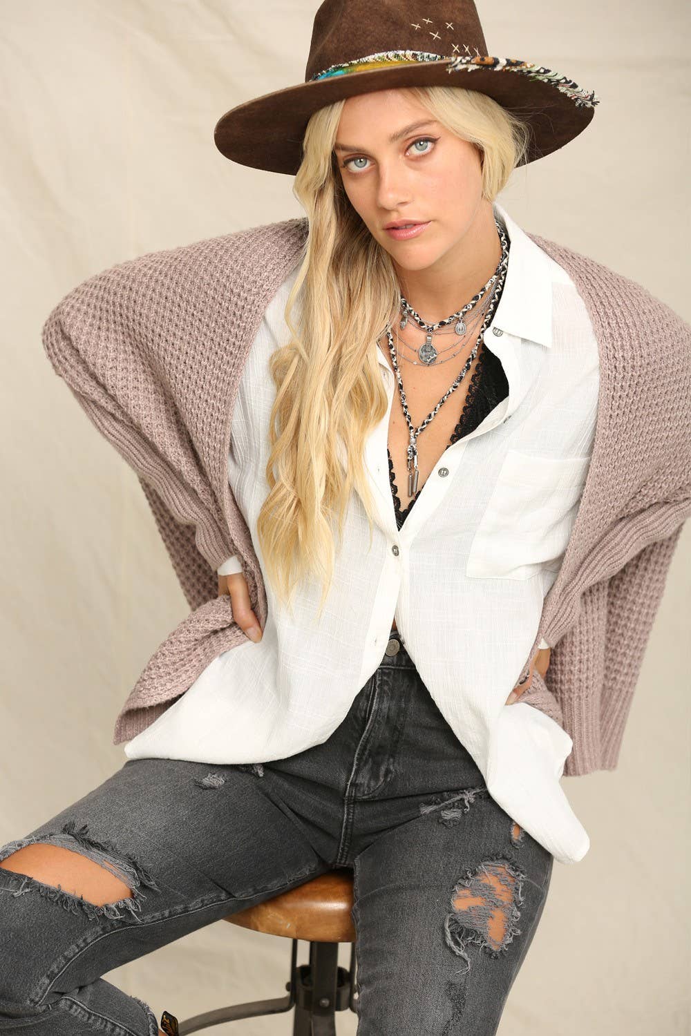 Versatile Waffle-Stitch Open Front Cardigan: Mocha