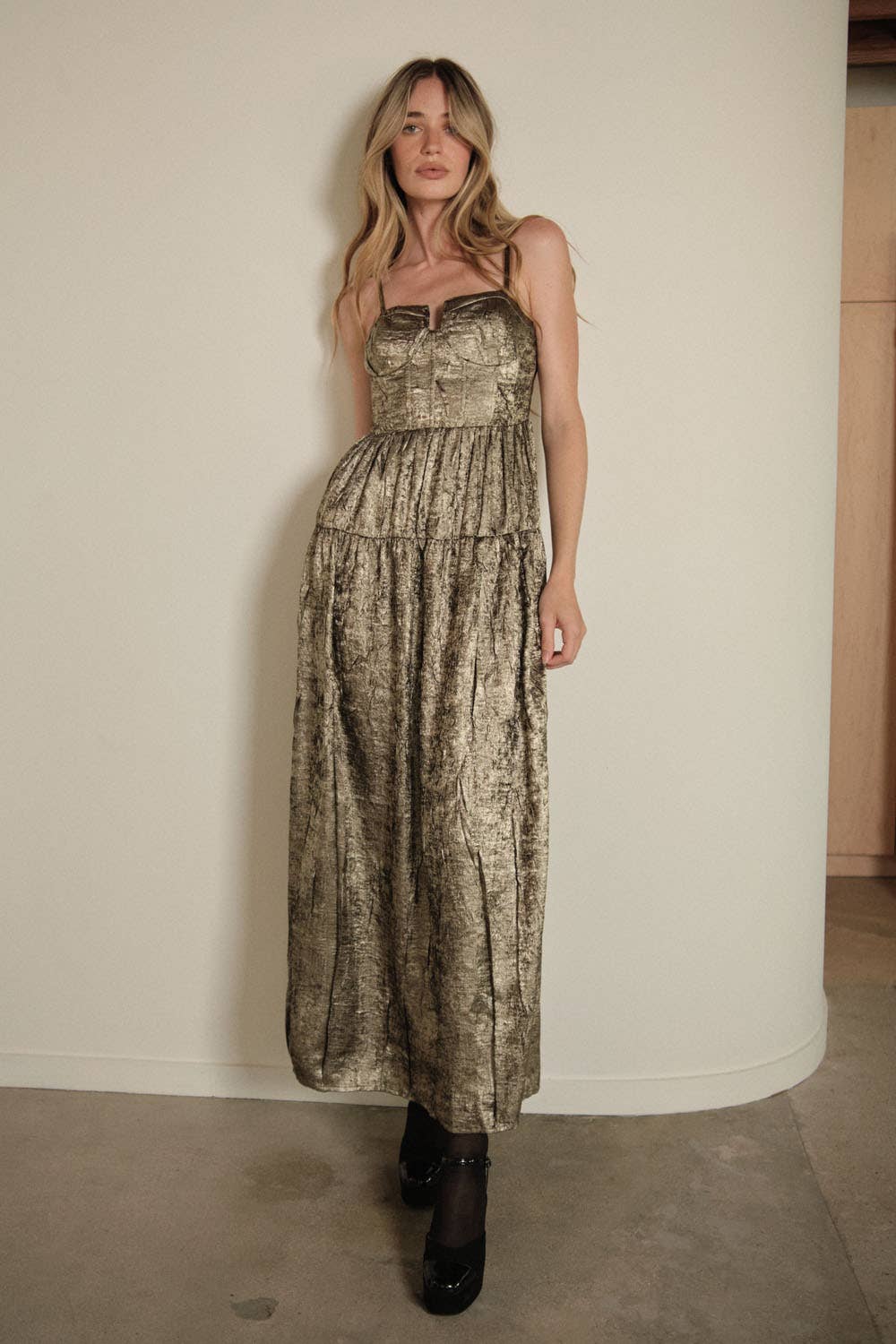 Textured Metallic Fit-and-Flare Corset Maxi Dress