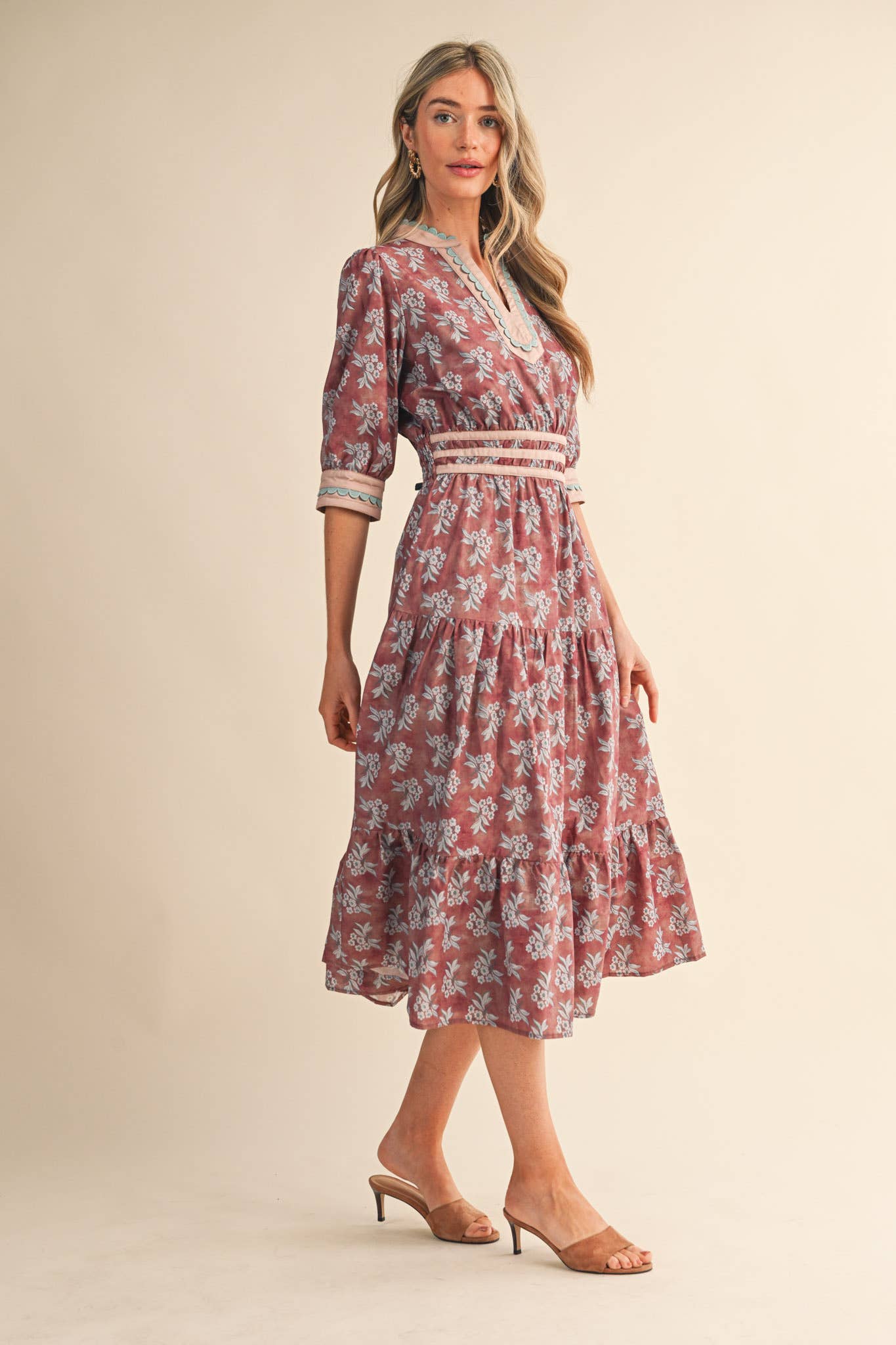 CONTRAST BINDING MIDI DRESS: MAUVE FLORAL