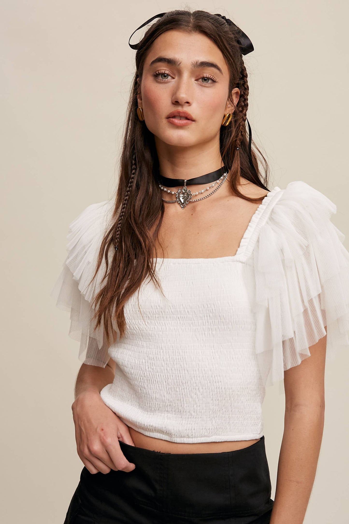Tulle Ruffle Sleeve Smocked Top