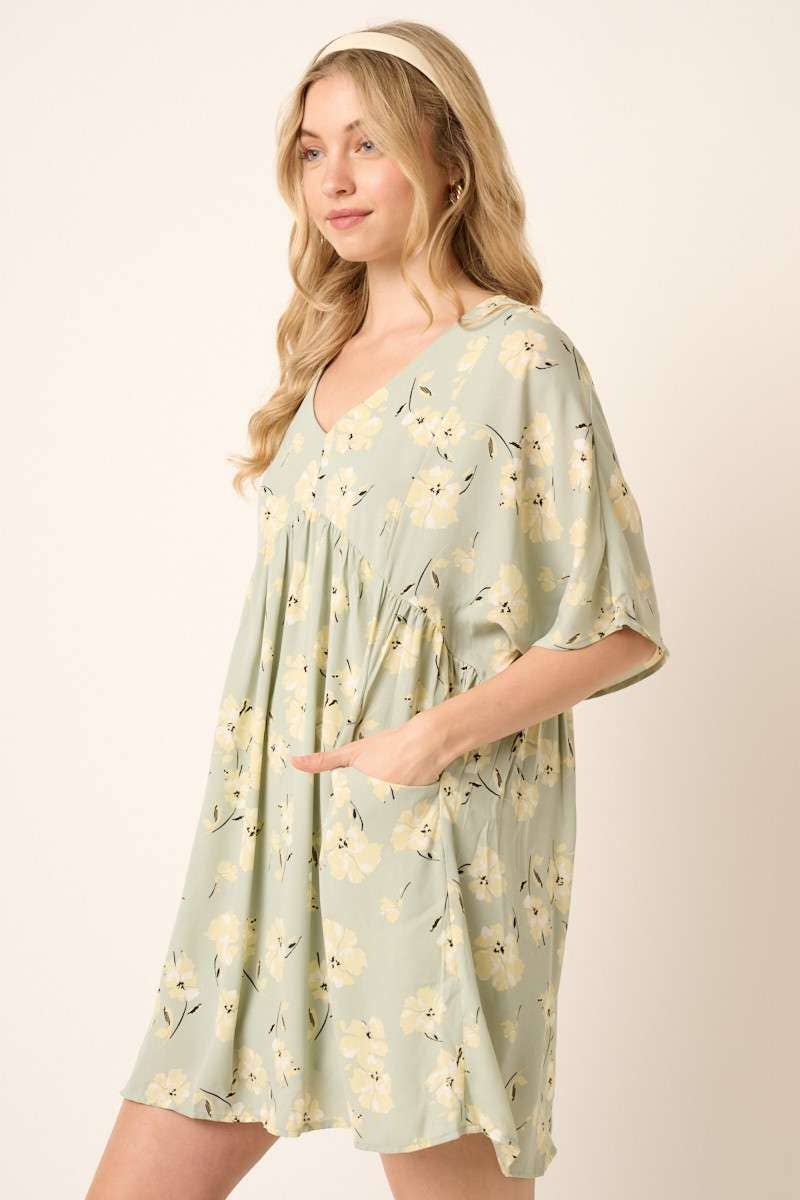 FLOWER PRINT MINI DRESS: SAGE