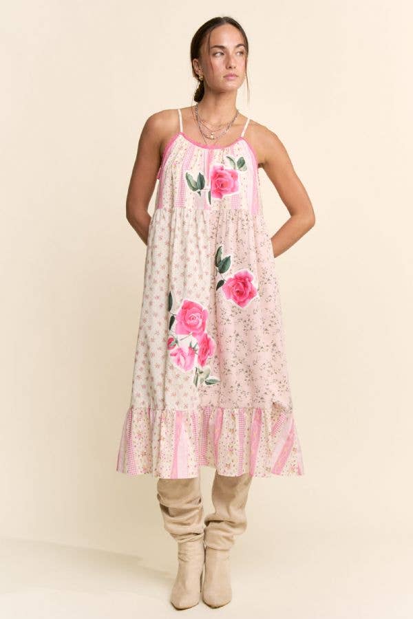 PRINTED FLOWER PATCHWORK MIDI DRESS: Small - 3x
