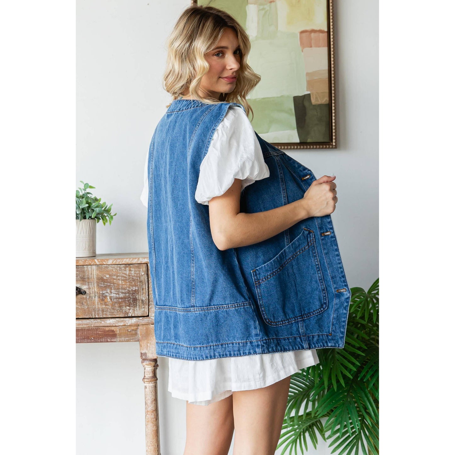 Long Denim Vest with Pockets