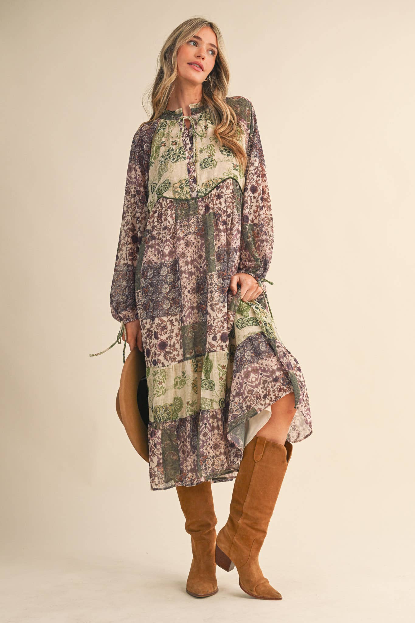 PATCHWORK PRINT MIDI DRESS: OLIVE GREEN MULT.