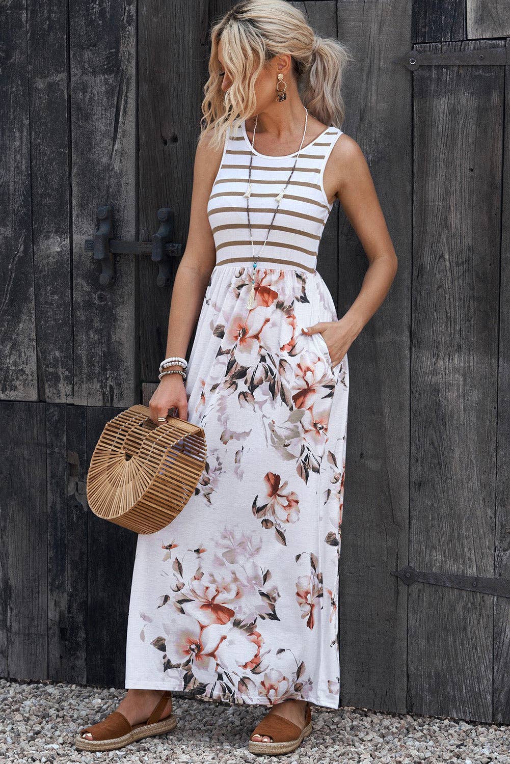 Striped Floral Print Maxi Dress