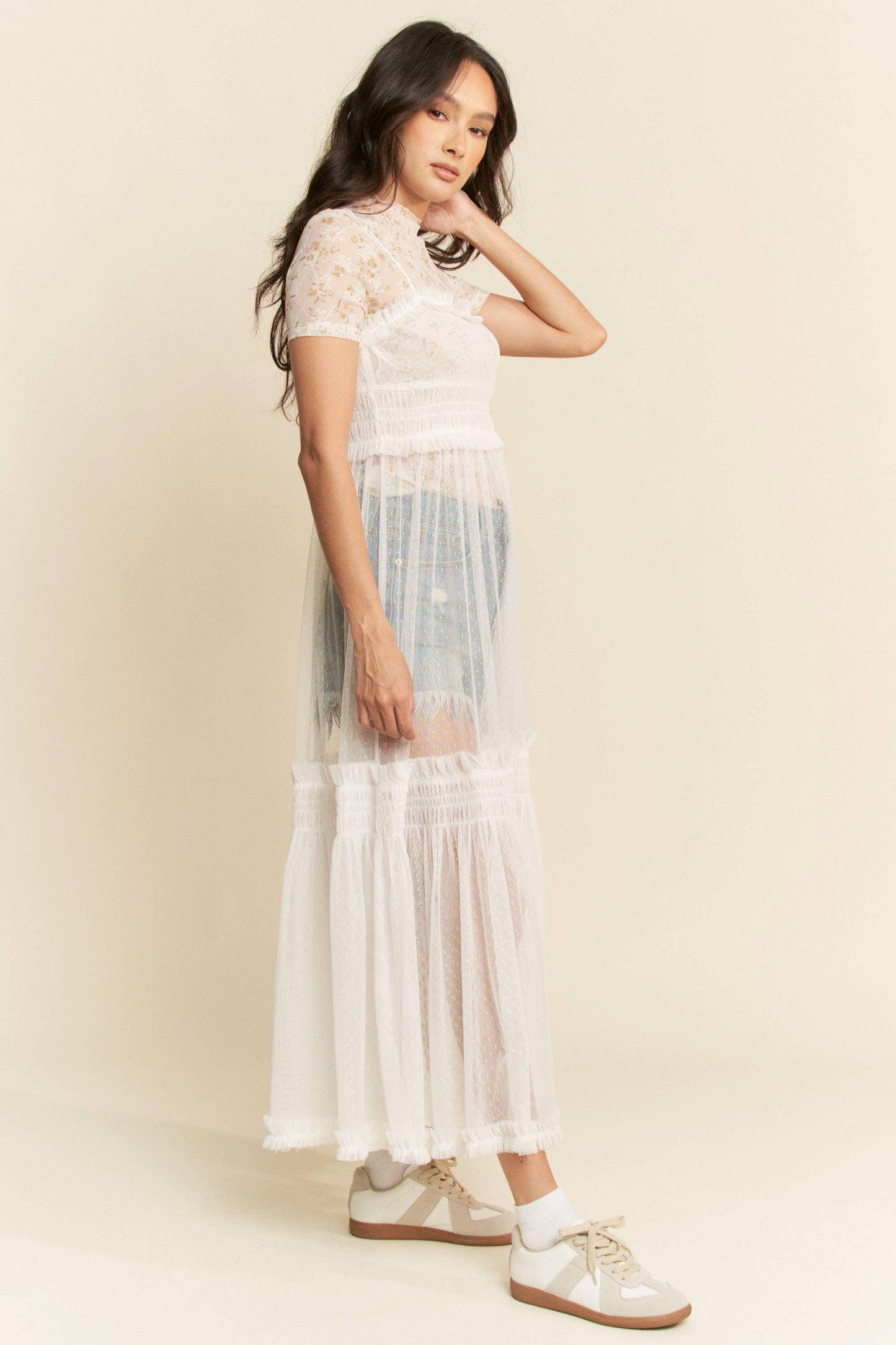 LACE SHEER MAXI DRESS: White