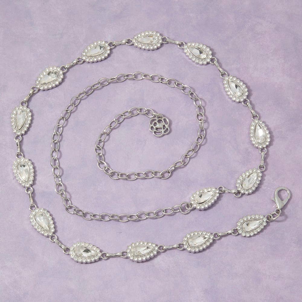 Gold Crystal Teardrop & Pearl Halo Link Chain Belt