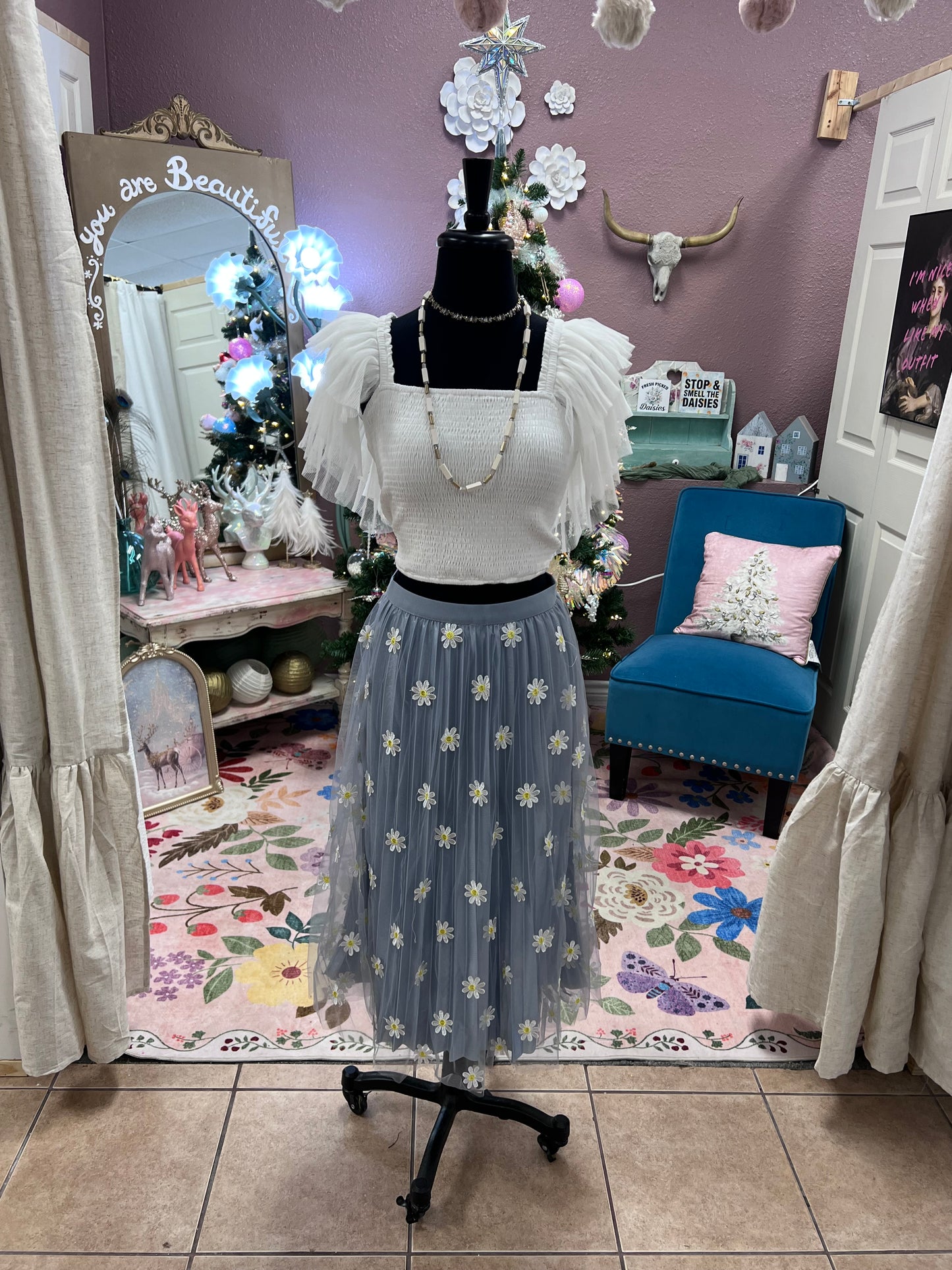 Blue Embrd. Tulle Skirt