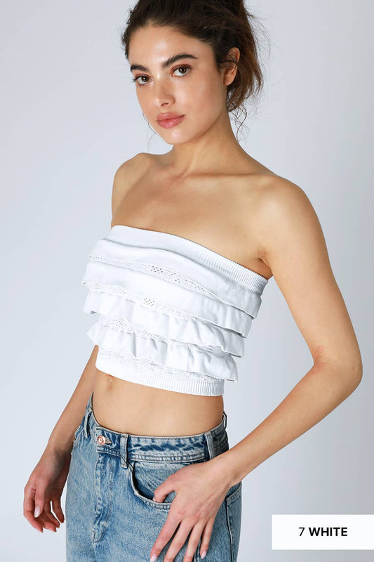 Layered Ruffle Tube Top: White