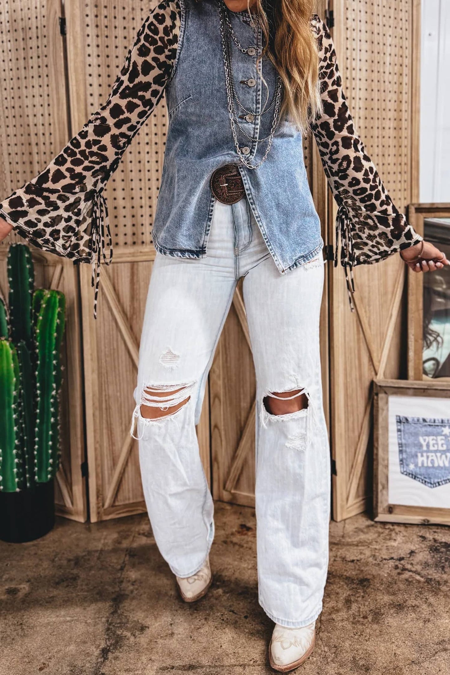 Buttoned Front Slit Denim Vest