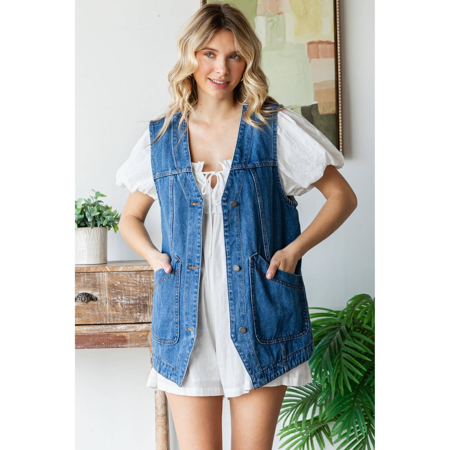 Long Denim Vest with Pockets