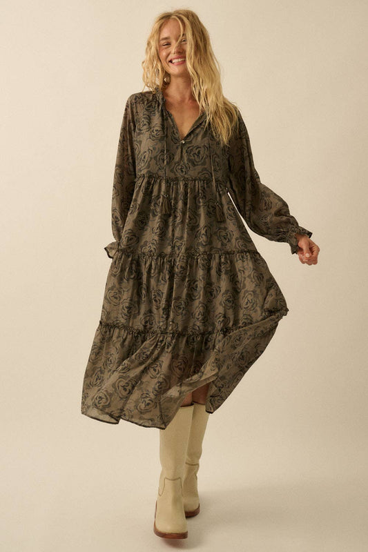 Floral Tiered Ruffle Midi Dress: Olive