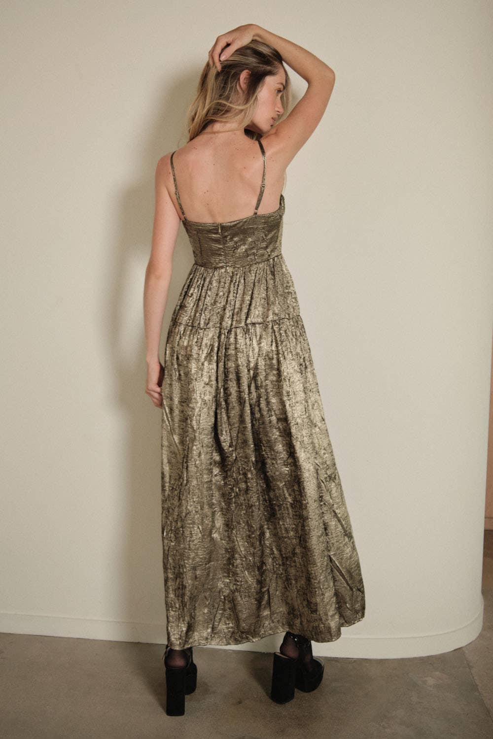 Textured Metallic Fit-and-Flare Corset Maxi Dress