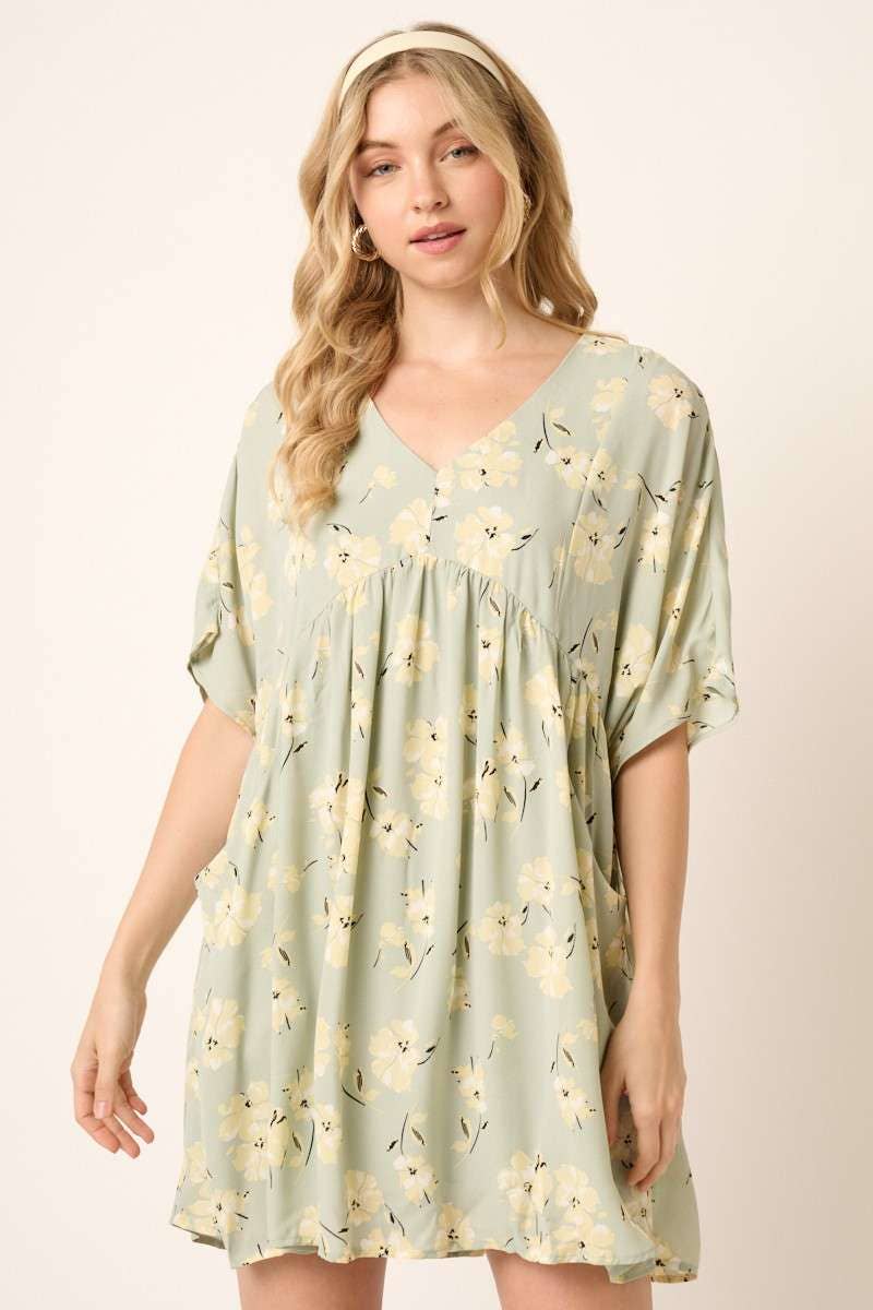FLOWER PRINT MINI DRESS: SAGE