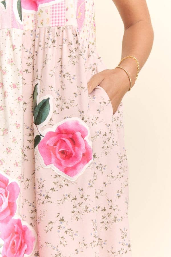 PRINTED FLOWER PATCHWORK MIDI DRESS: Small - 3x