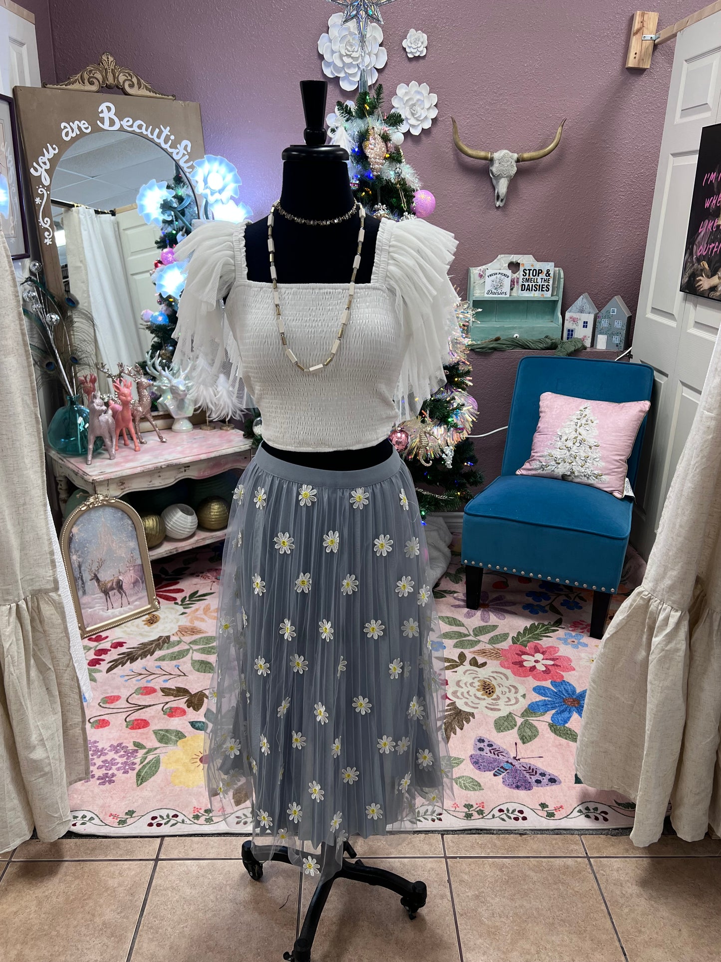 Blue Embrd. Tulle Skirt