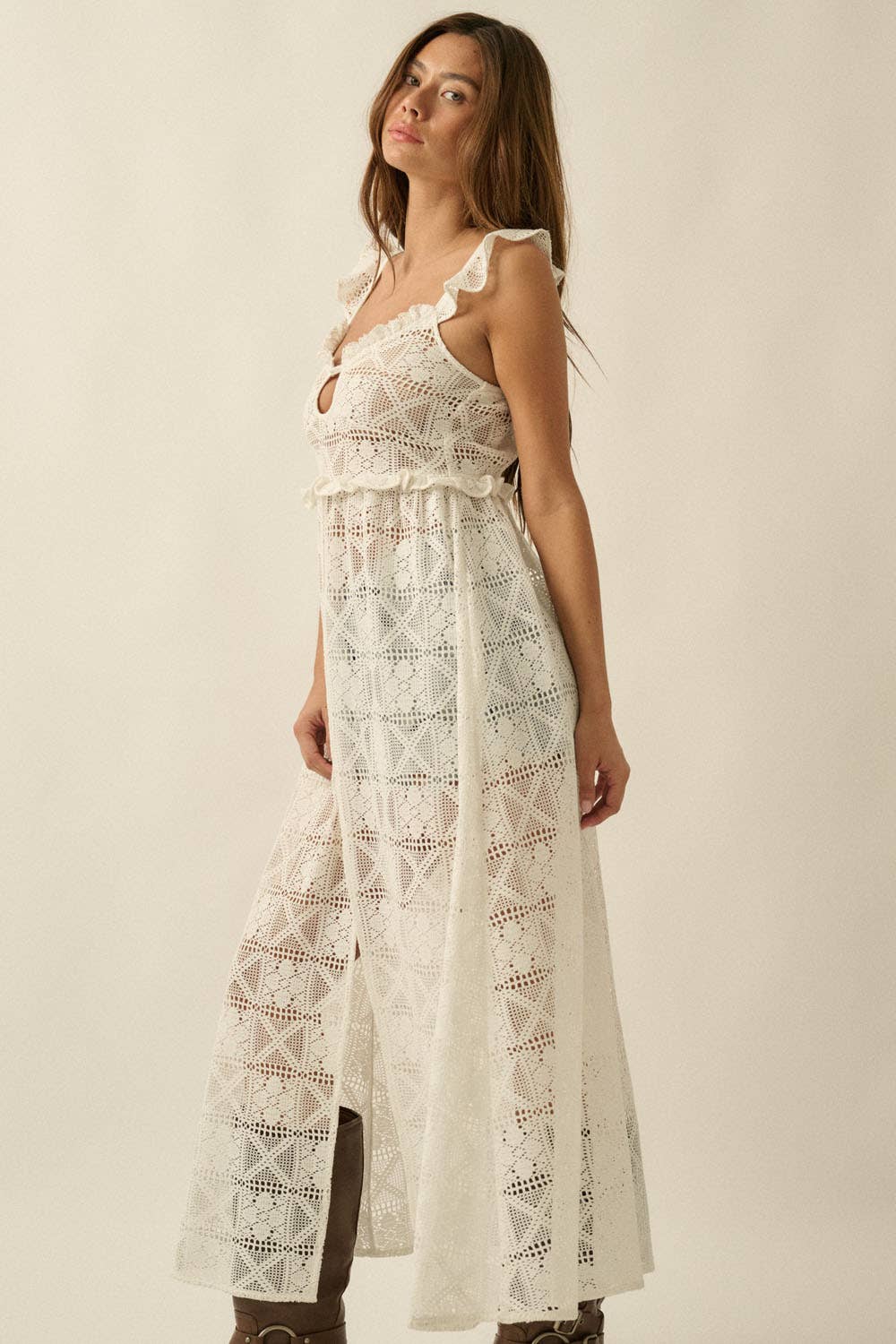 Crochet Lace Layering Midi Dress: Off White