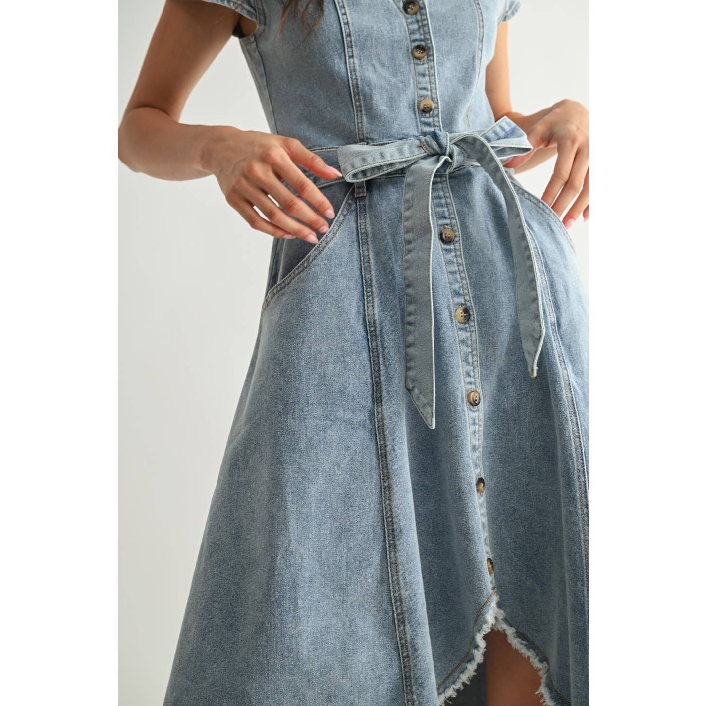 FRONT BUTTON DOWN ASYMMETRICAL DENIM DRESS