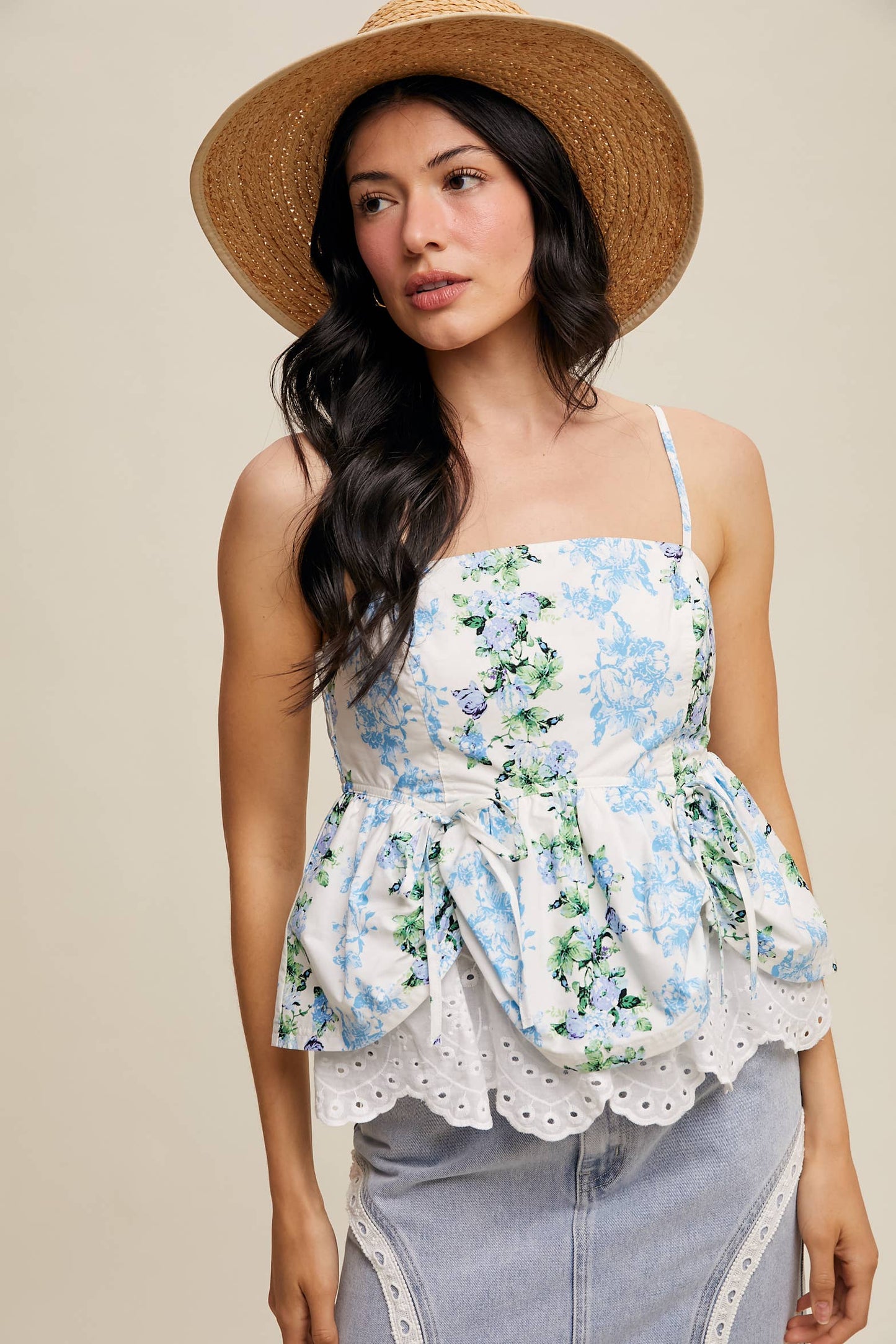 Floral Peplum Top with Eyelet Hem: Blue