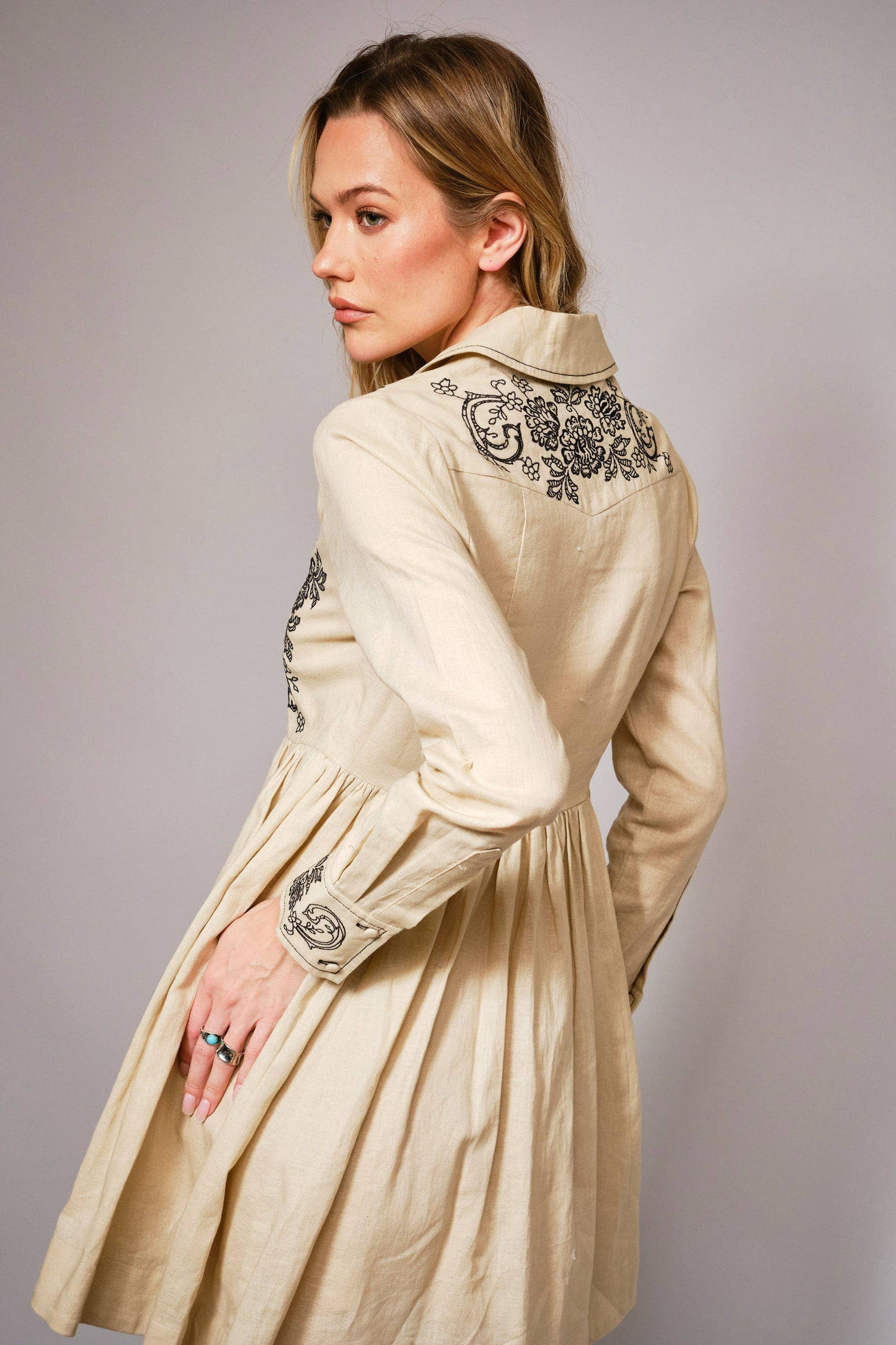 Linen Blend Embroidered Button Flare Dress: Taupe