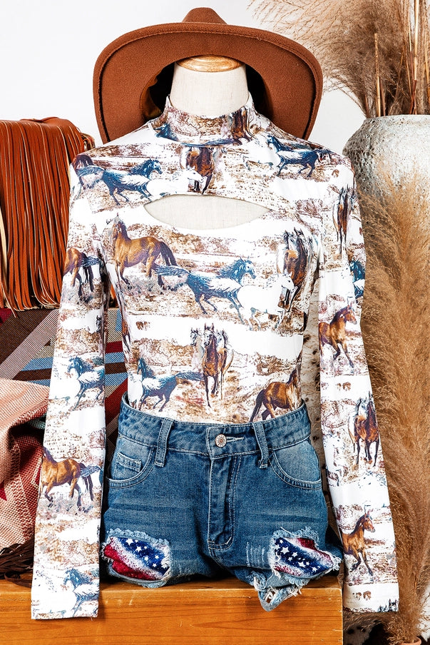 Wild Horses Hollow-Out High Neck Top Blouse