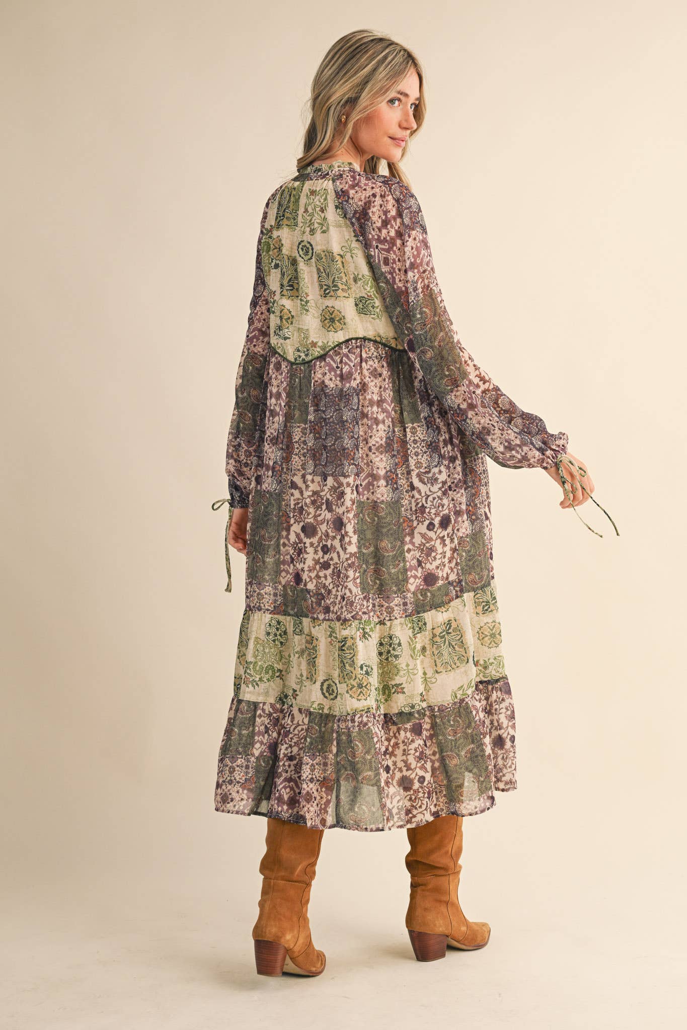 PATCHWORK PRINT MIDI DRESS: OLIVE GREEN MULT.