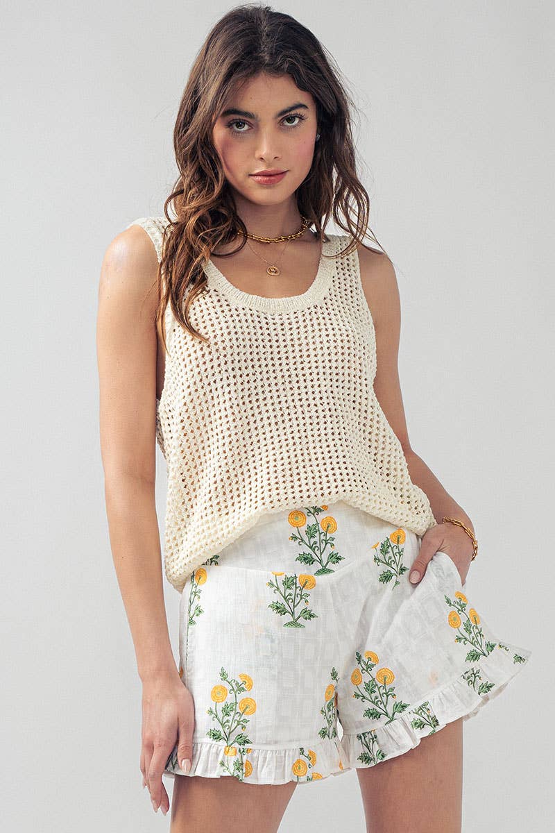 Yellow Floral Print Ruffle Shorts