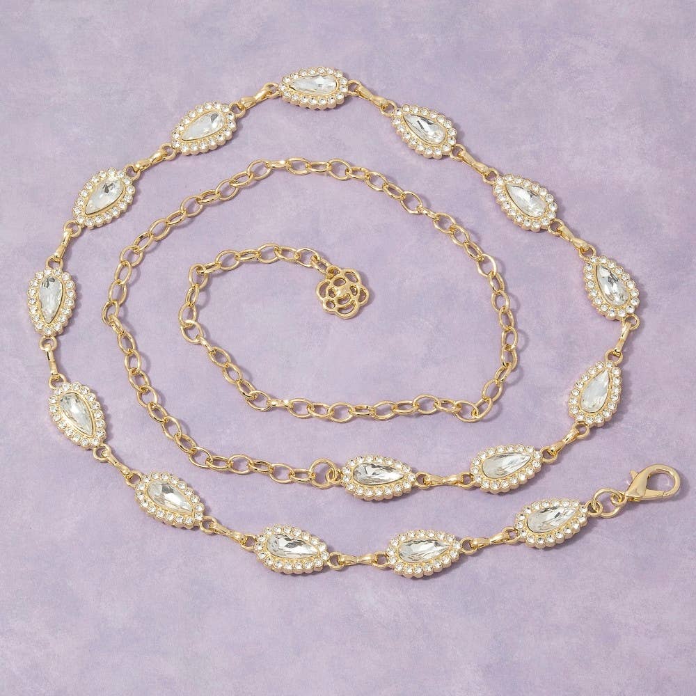 Gold Crystal Teardrop & Pearl Halo Link Chain Belt