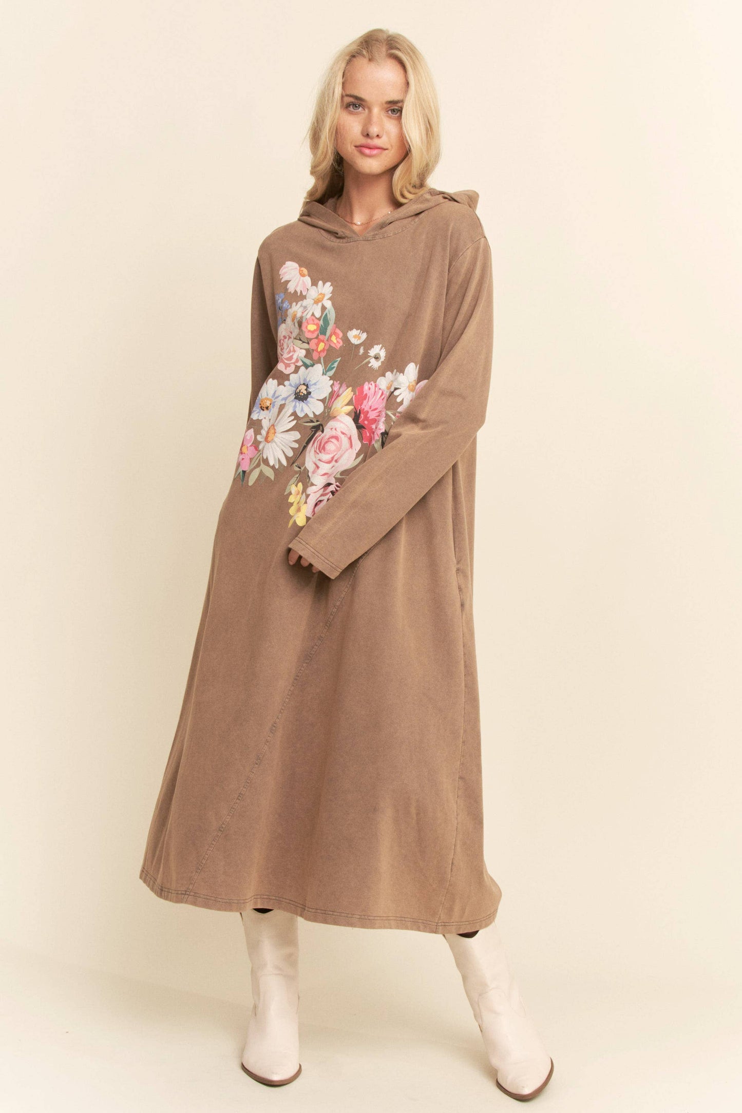 BUTTERFLY PRINTED HOODIE MIDI DRESS