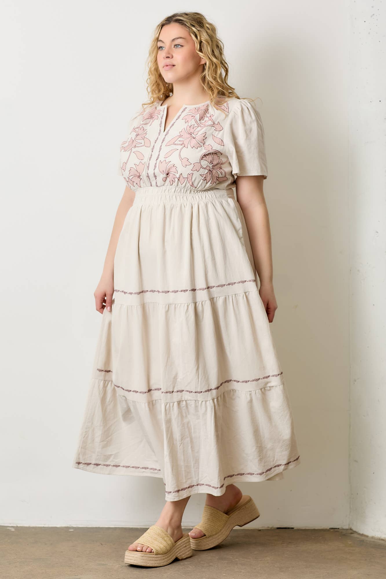 PLUS EMBROIDED FLORAL TIERED DRESS