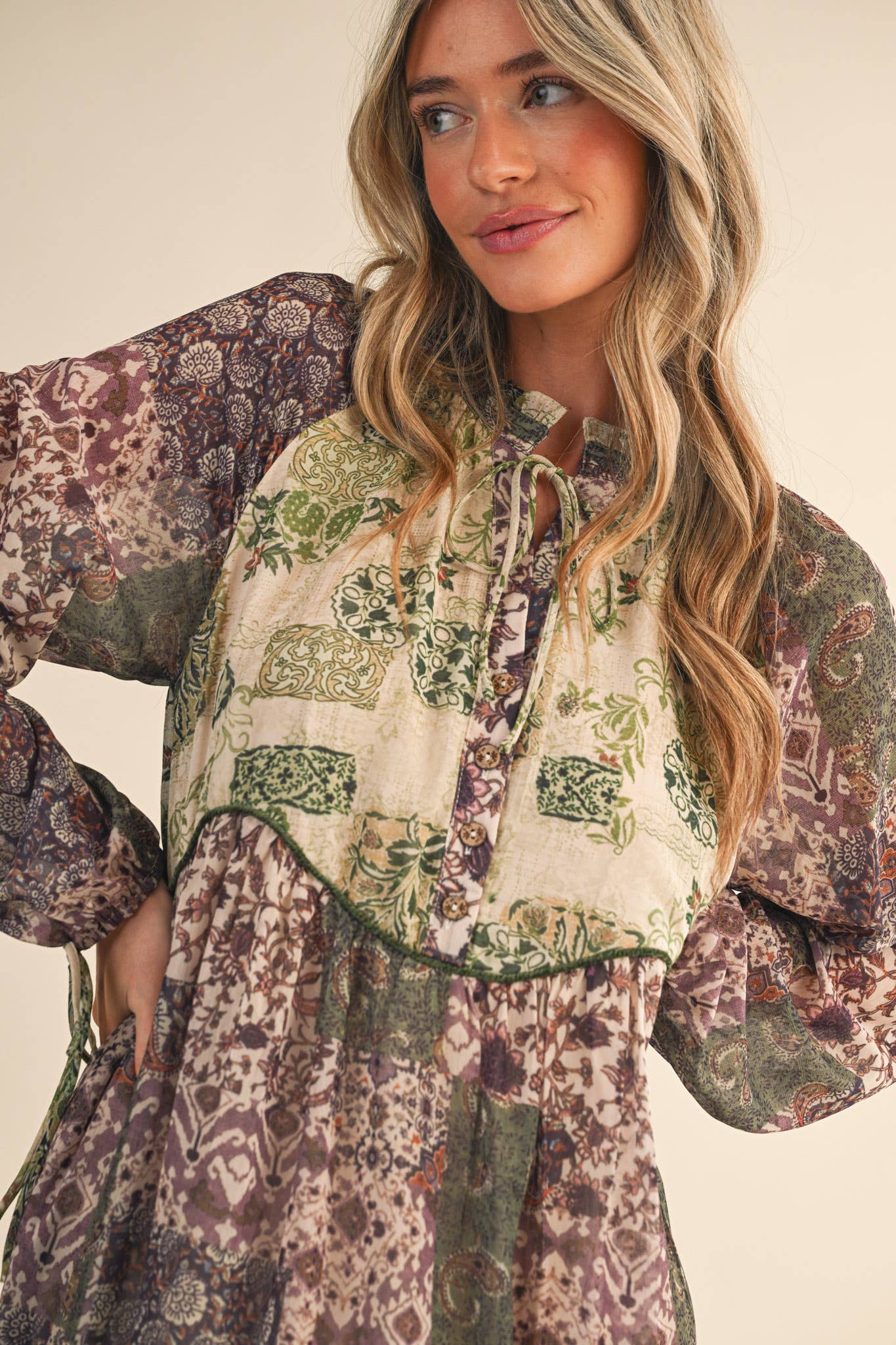 PATCHWORK PRINT MIDI DRESS: OLIVE GREEN MULT.