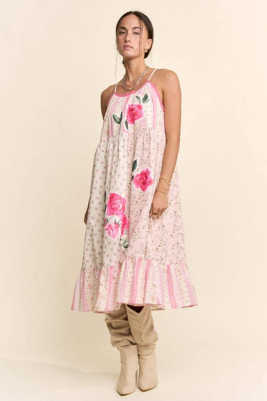PRINTED FLOWER PATCHWORK MIDI DRESS: Small - 3x