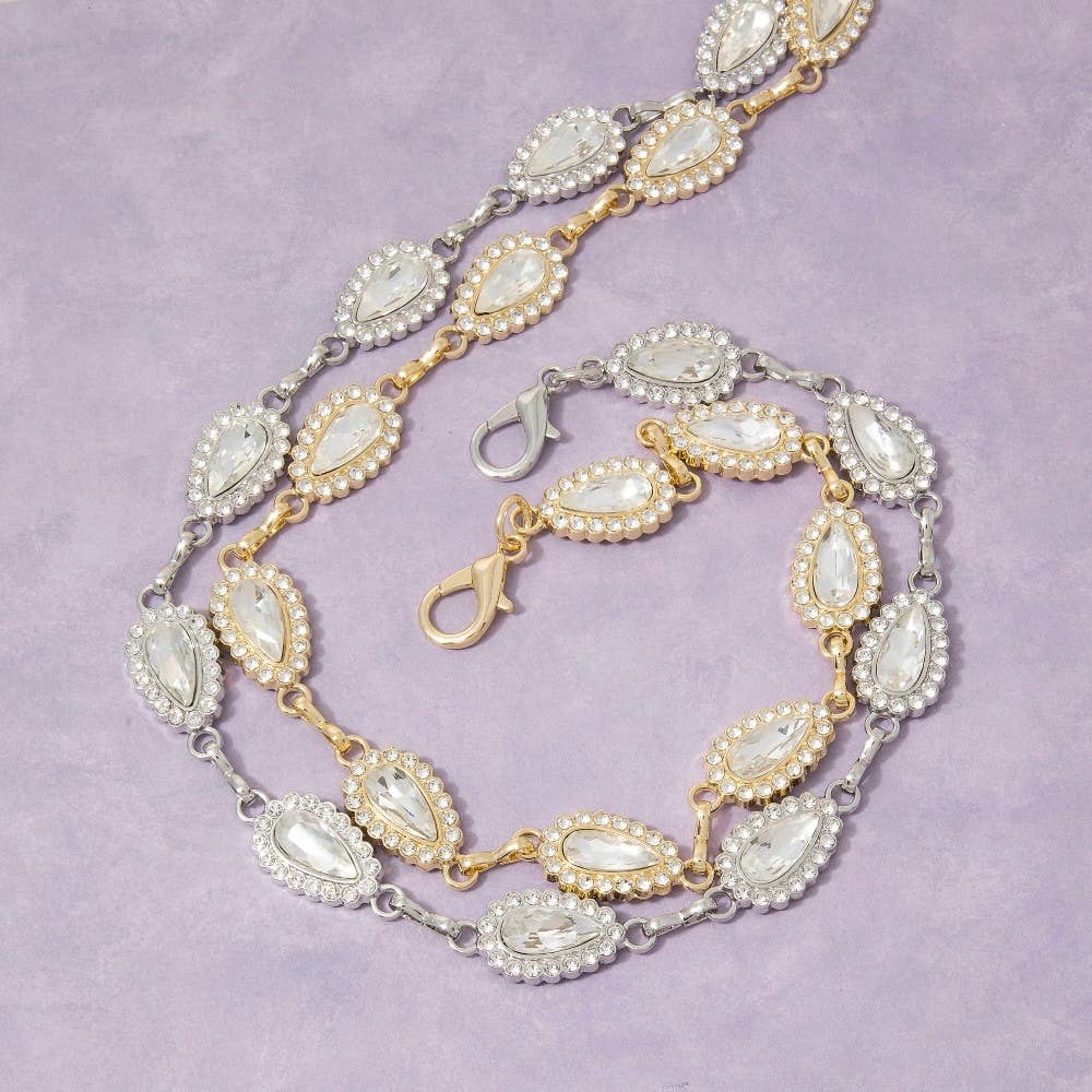 Gold Crystal Teardrop & Pearl Halo Link Chain Belt