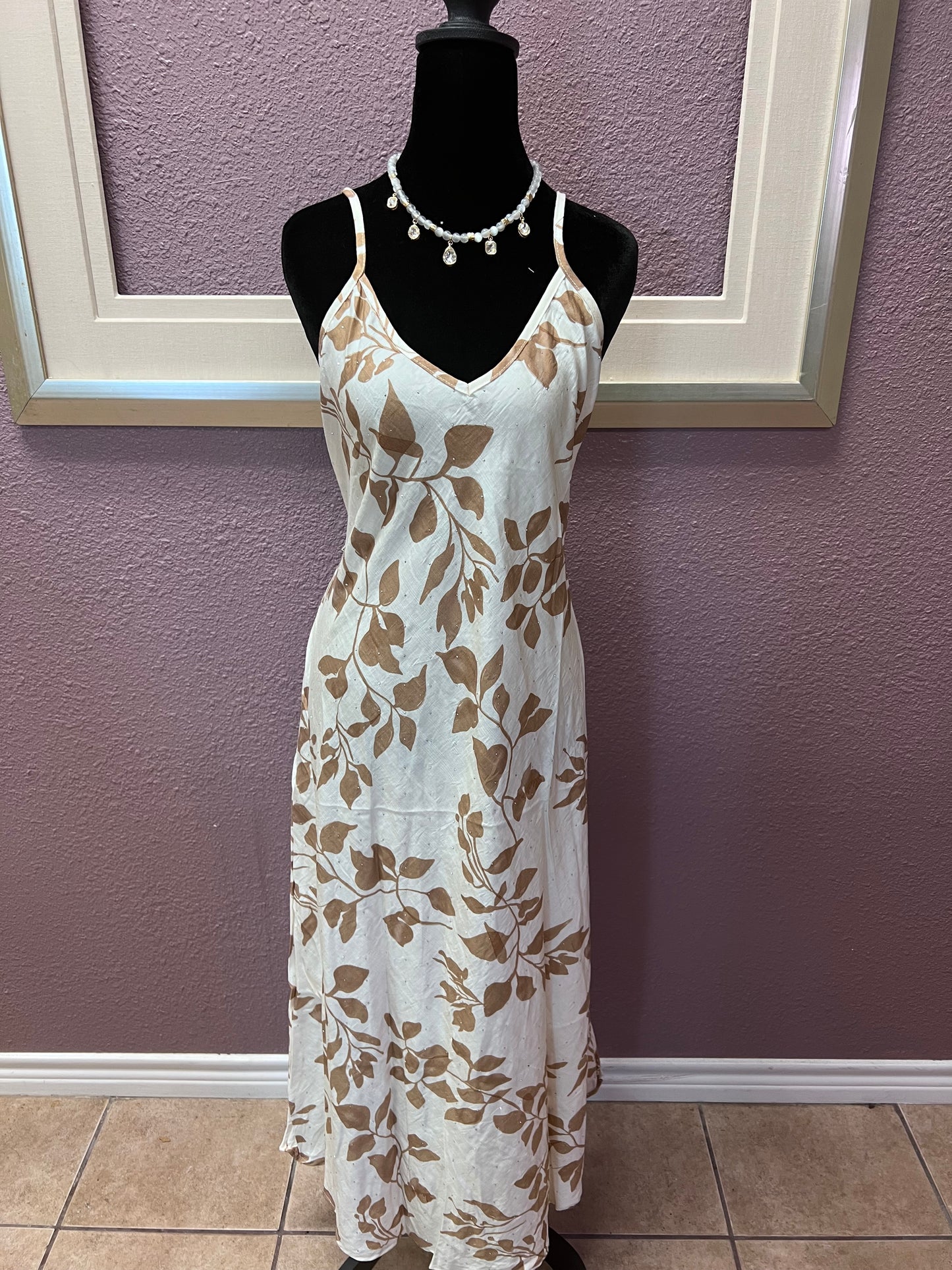 Sparkle Leaf Print Maxi Dress - Brown