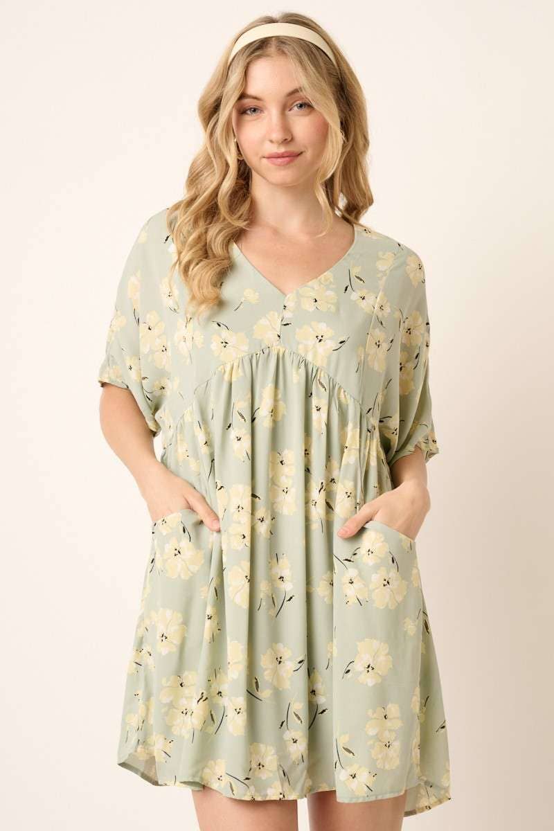 FLOWER PRINT MINI DRESS: SAGE