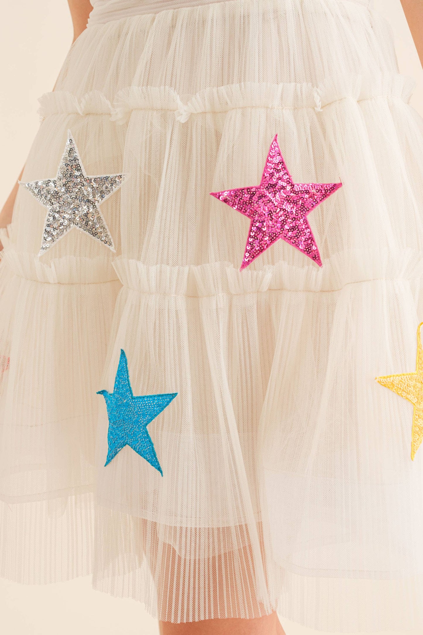 Tulle Sequin Patch Mini Dress: Beige