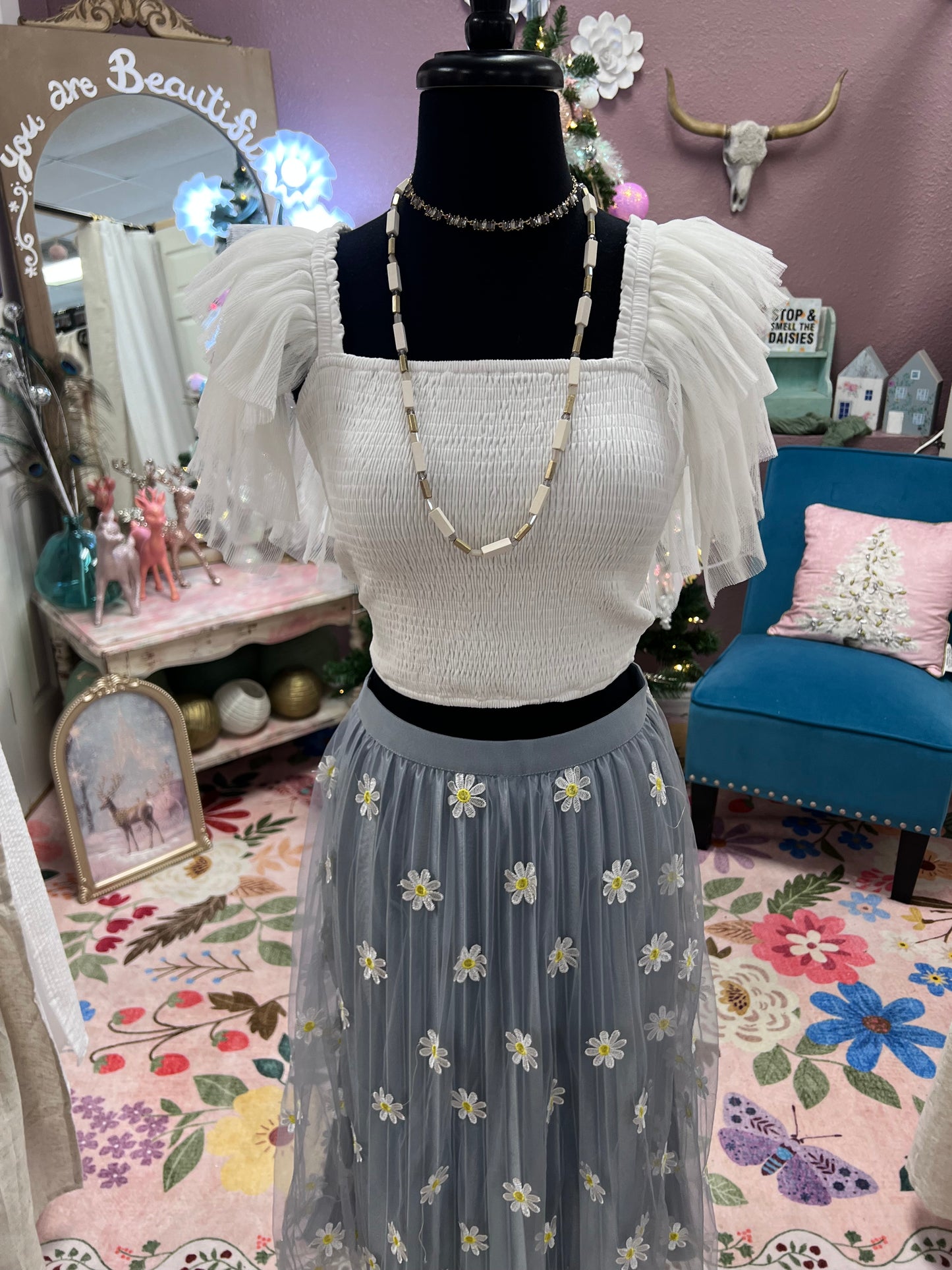 Blue Embrd. Tulle Skirt