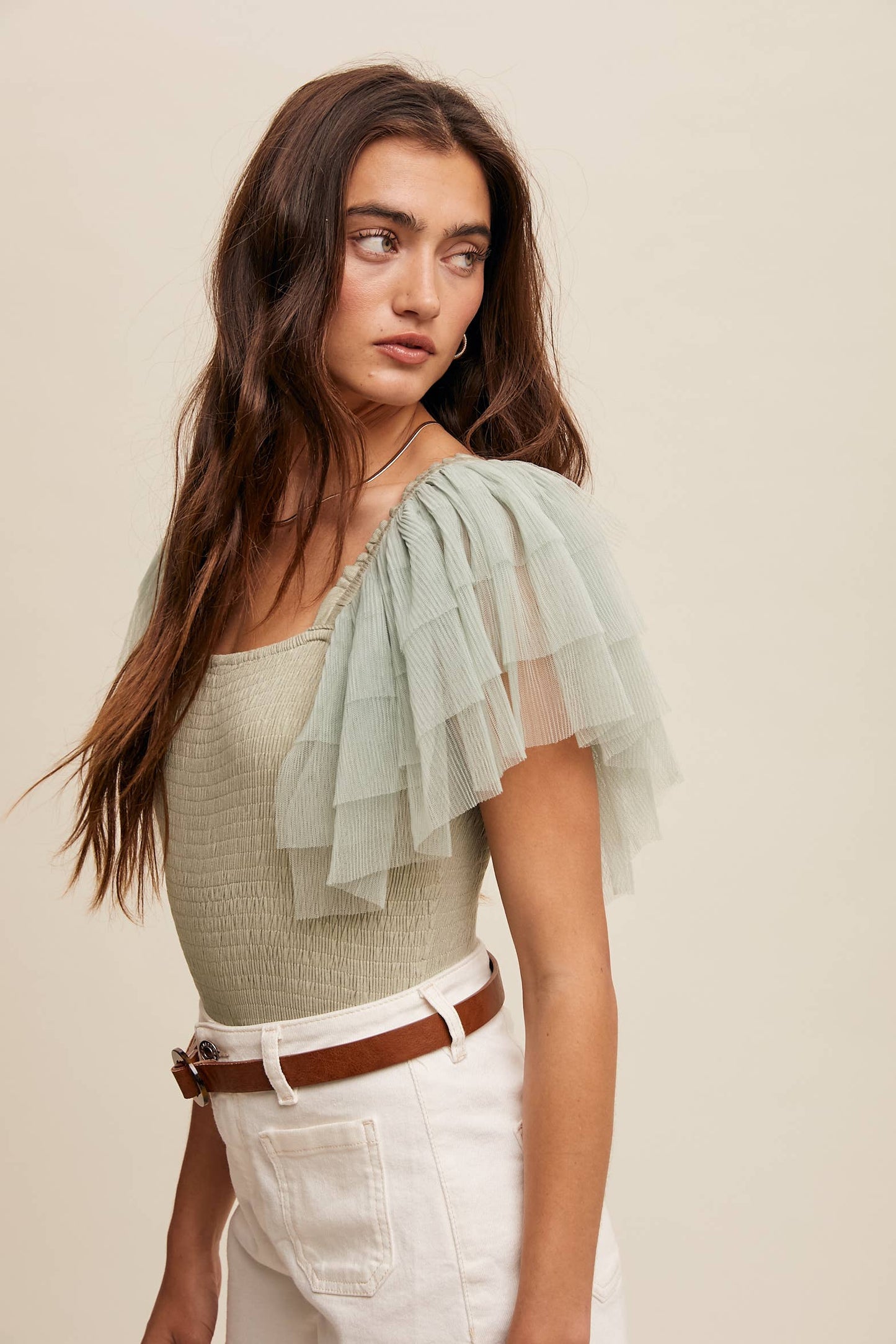 Ruffled Elegance Bodysuit: Sage