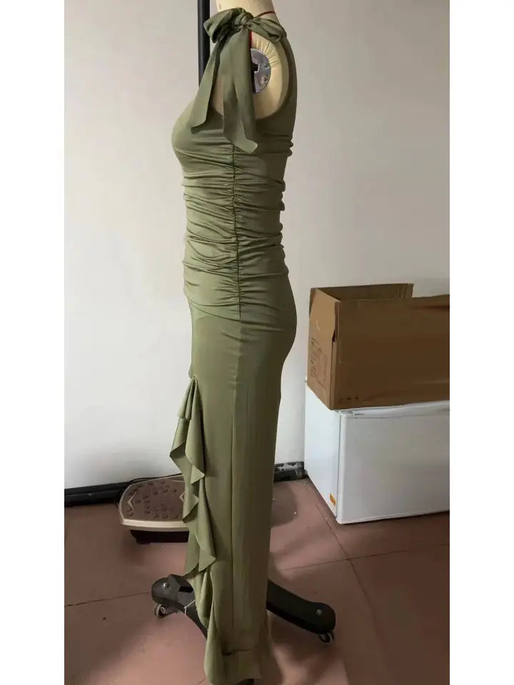 Western Ruffled Slit Dress - Green