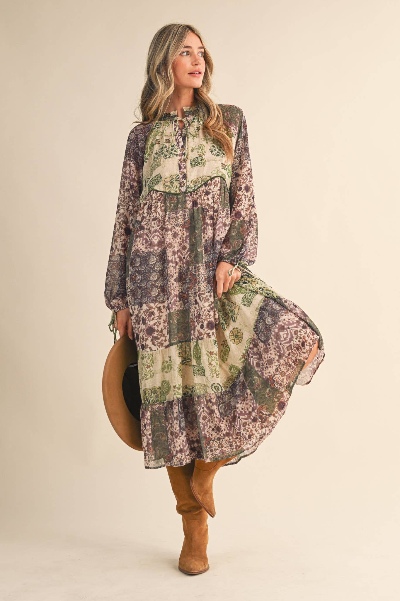 PATCHWORK PRINT MIDI DRESS: OLIVE GREEN MULT.