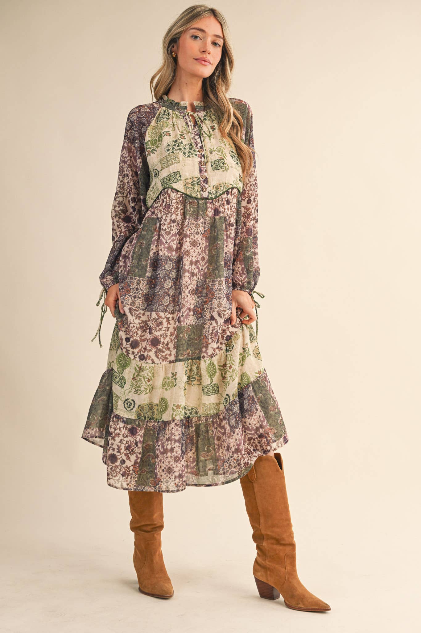 PATCHWORK PRINT MIDI DRESS: OLIVE GREEN MULT.