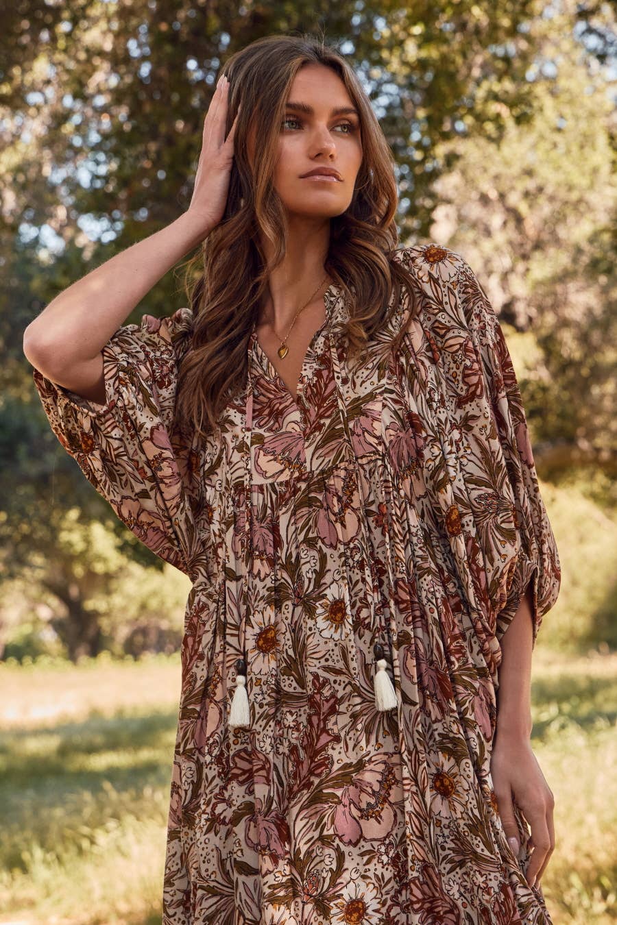 Plus Bohemian Floral Maxi Dress: Beige Multi