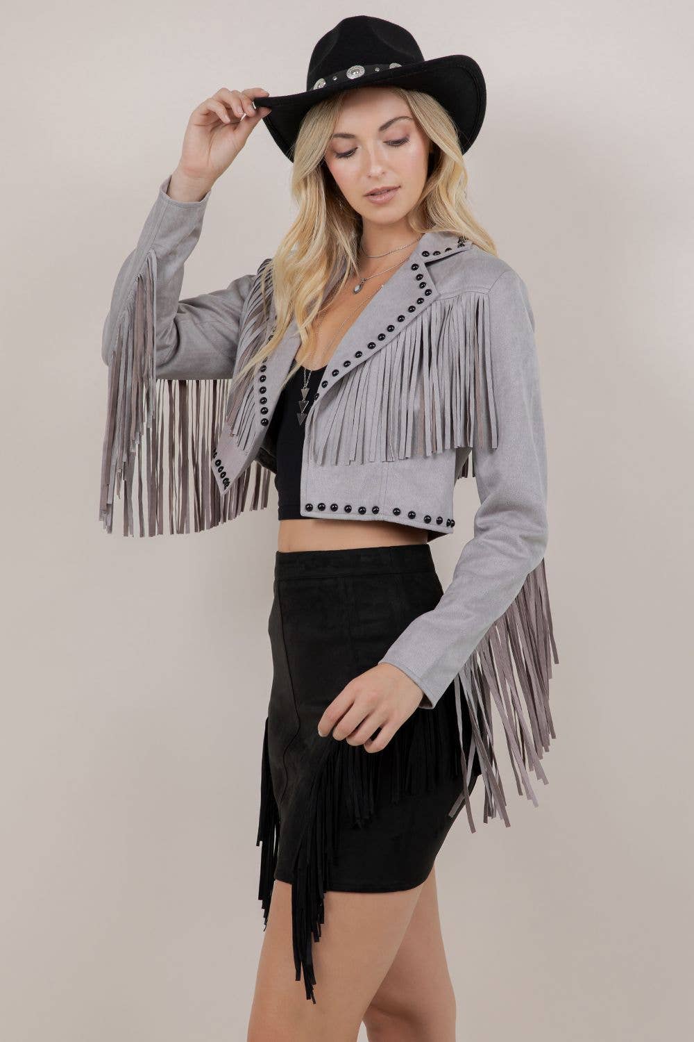 GREY FRINGE STUD JACKET