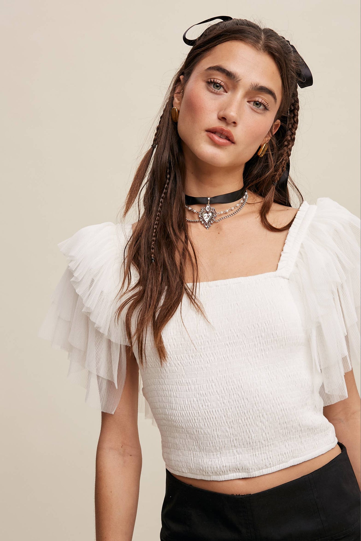 Tulle Ruffle Sleeve Smocked Top