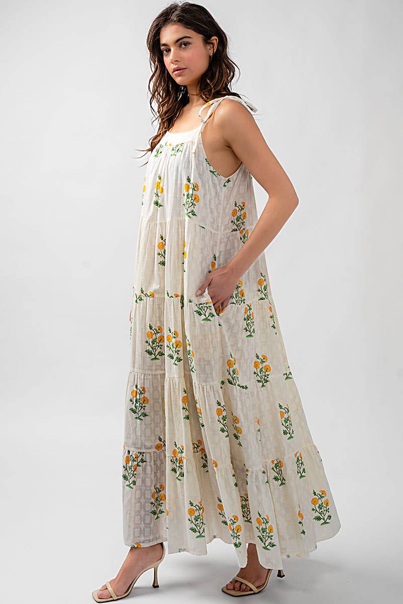 Romantic Tiered Floral Cotton Maxi Dress