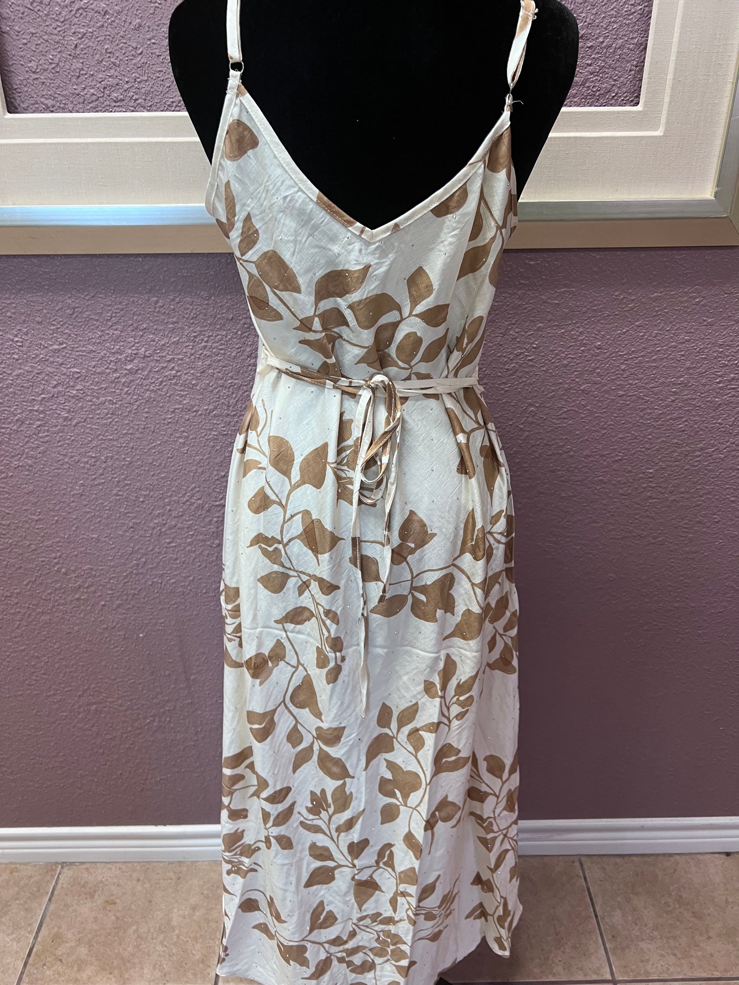 Sparkle Leaf Print Maxi Dress - Brown