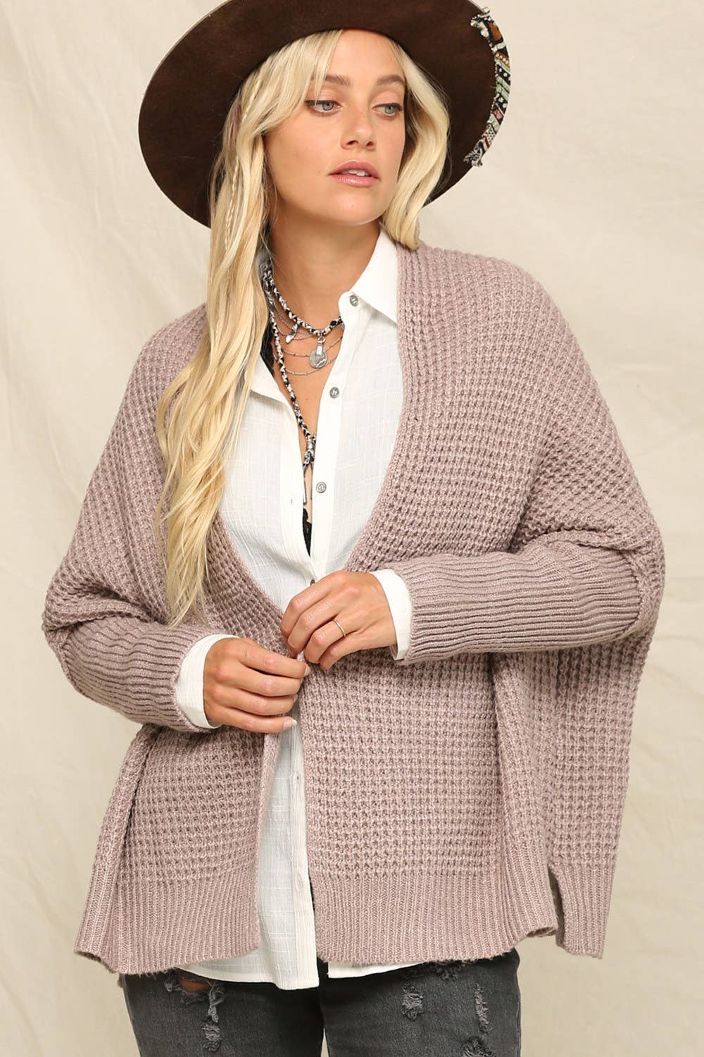 Versatile Waffle-Stitch Open Front Cardigan: Mocha