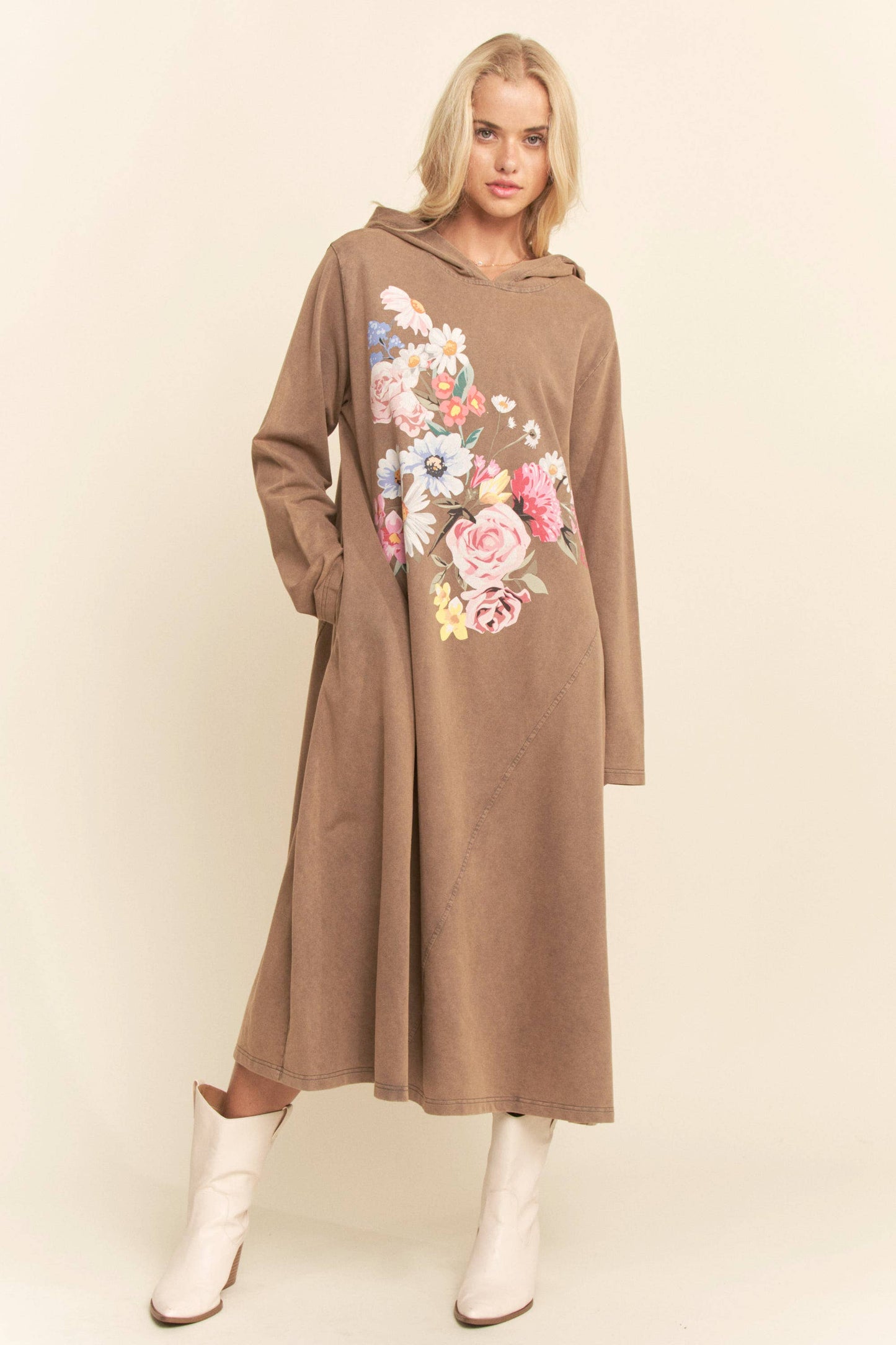 BUTTERFLY PRINTED HOODIE MIDI DRESS